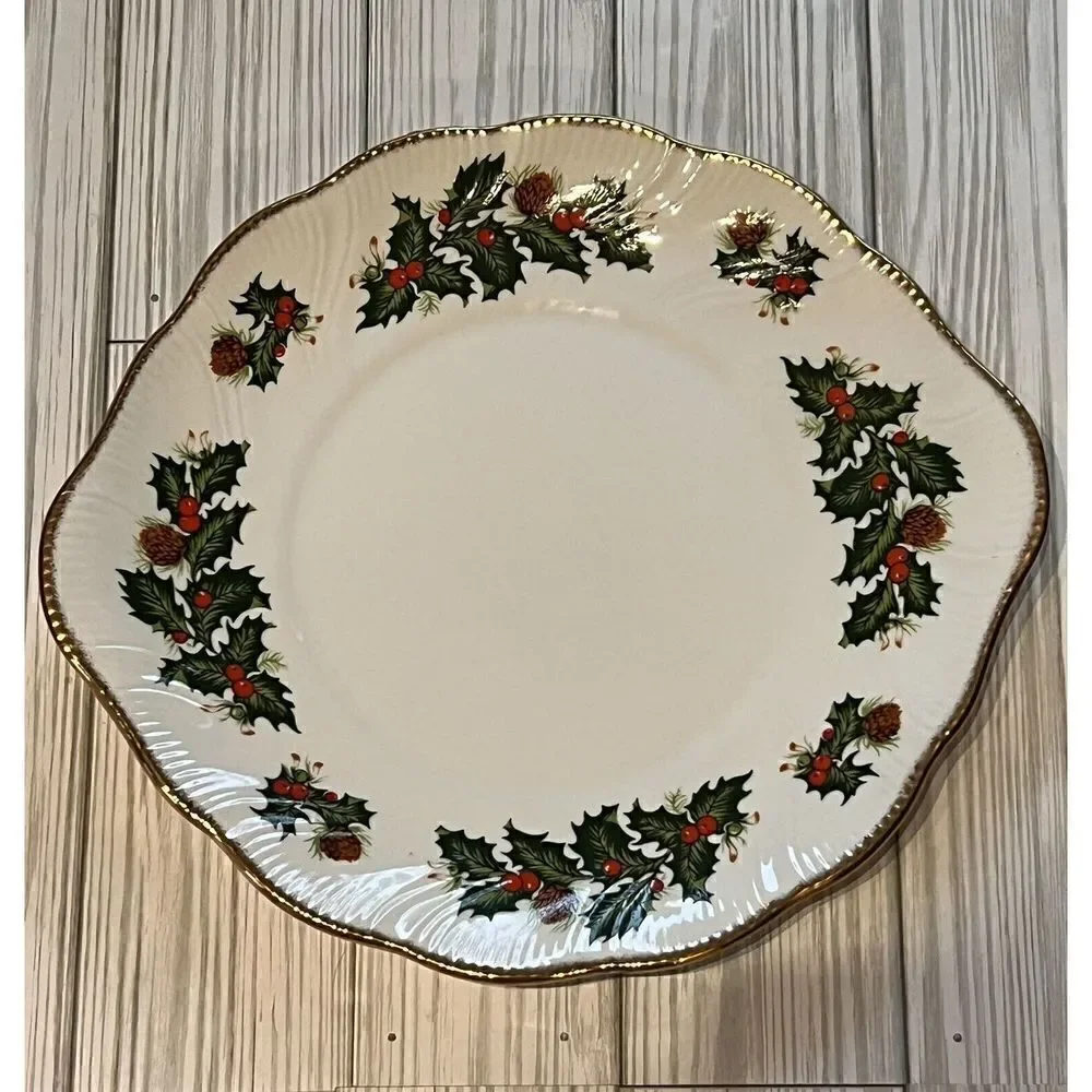 Rosina Queen Yuletide Sweets‎ Plate Cake Platter Signed Vintage Holly Berries